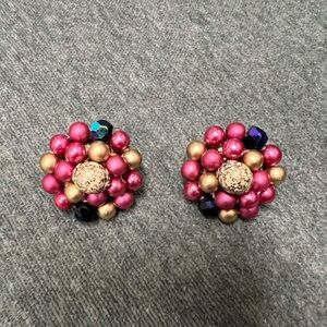 Vtg Hot Pink Rhinestone Faux Pearl Gold Tone Non Pierced Clip On Earrings Japan